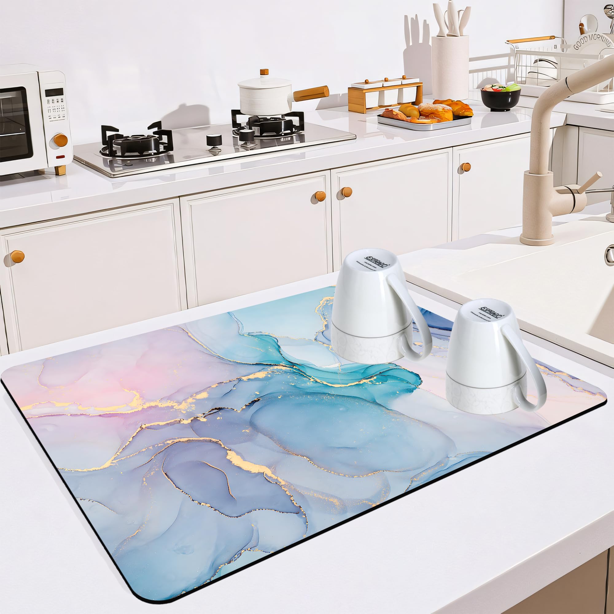 Dish Drying Mat for Multiple Usage. Super Absorbent Easy clean Quick dry Cocina Accesorios for Kitchen Counter or Faucet Sink Coffee bar Refrigerator or Air fryer liners 1 Pack Colorful Marble